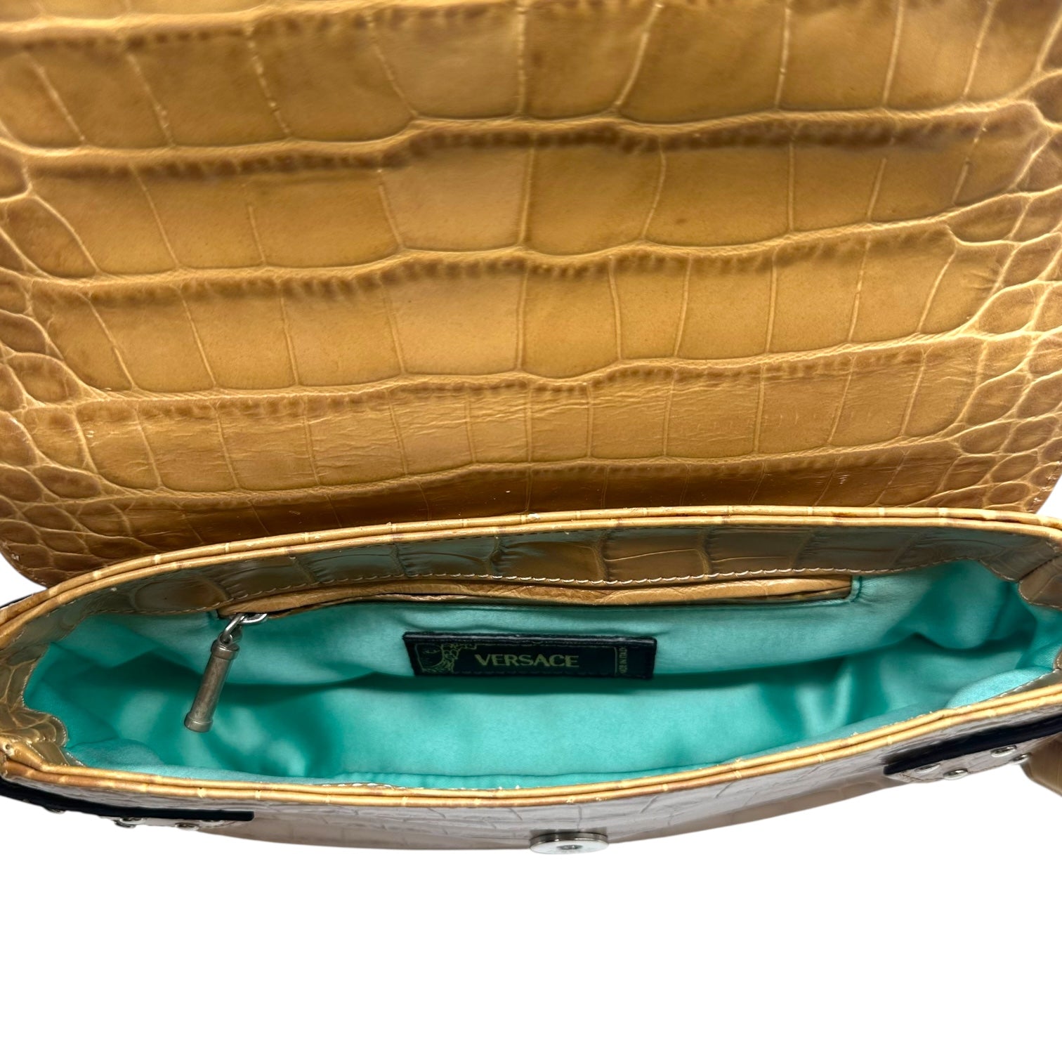 Versace Tan Croc Embossed Mini Shoulder Bag