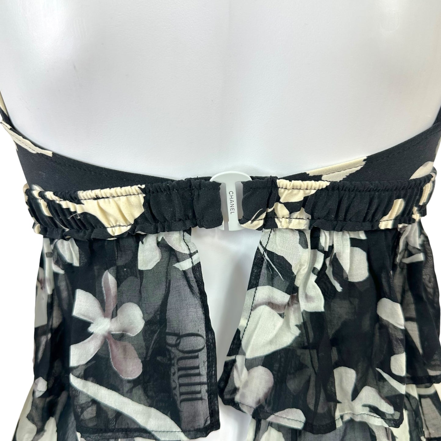 Chanel 2004 Floral Print Black & White Babydoll Cropped Open Back Tank
