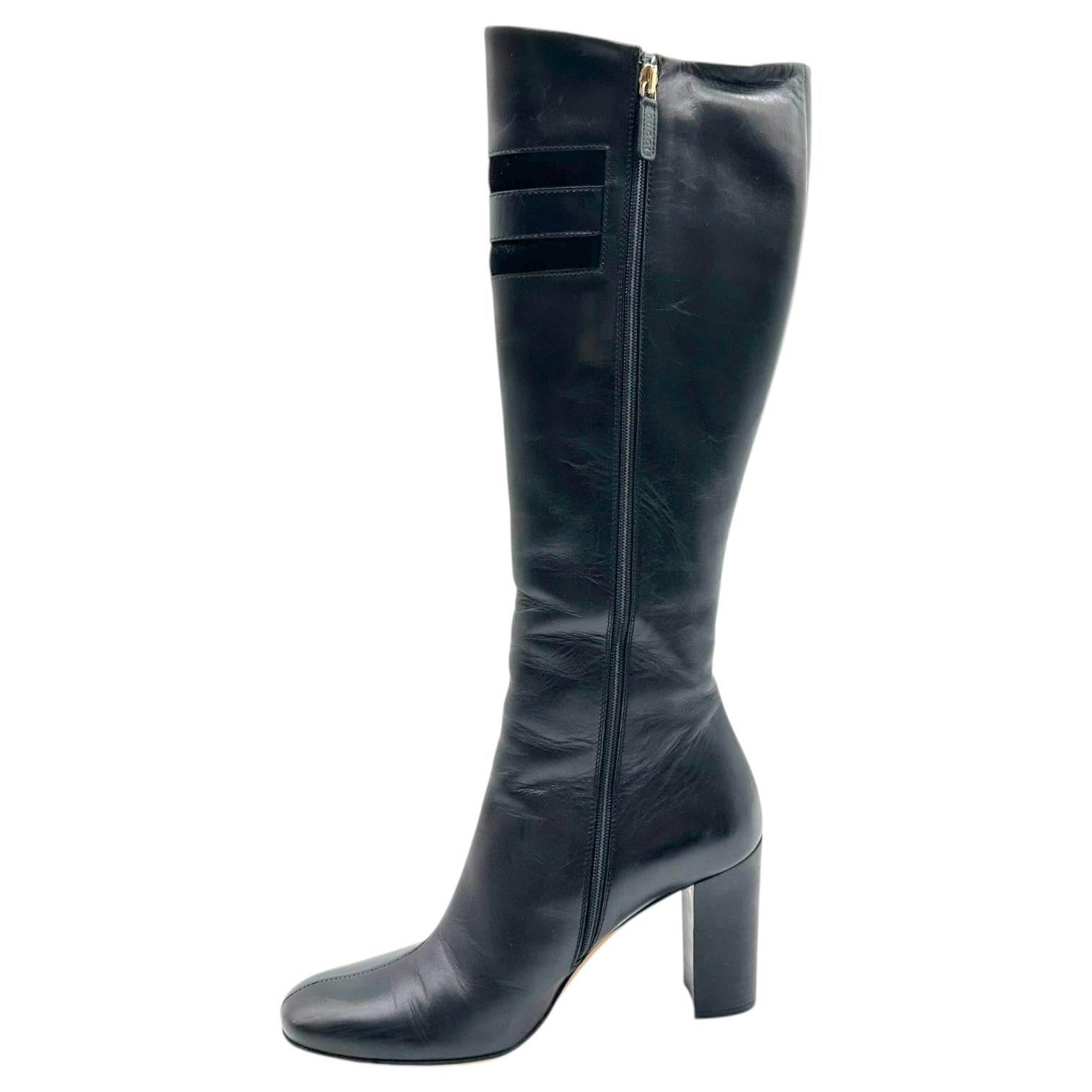 Gucci Black Leather Knee High Heeled Boots