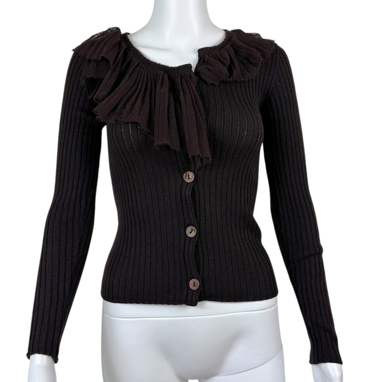 Jean Paul Gaultier Brown Wool Ruffle Embellished Cardigan - Outfit Repeater