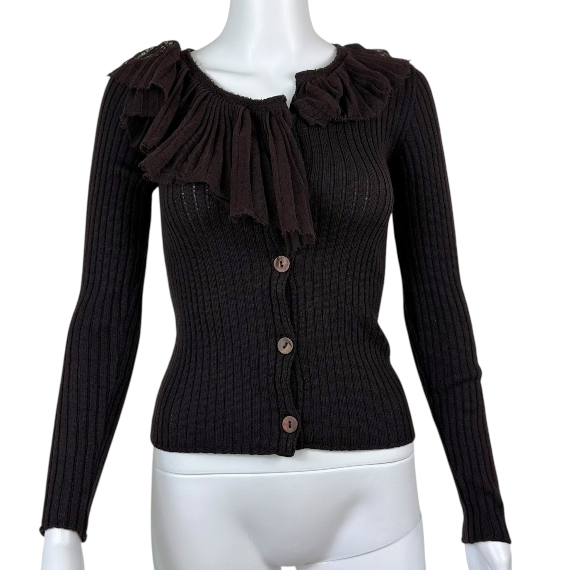 Jean Paul Gaultier Brown Wool Ruffle Embellished Cardigan - Outfit Repeater