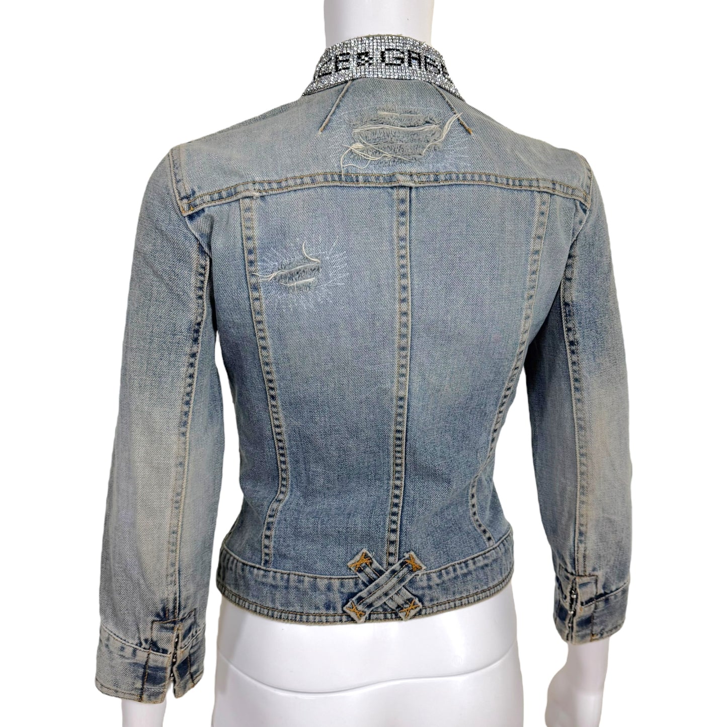Dolce & Gabbana Denim Hook & Eye Rhinestone Logo Collar Denim Jacket - Outfit Repeater