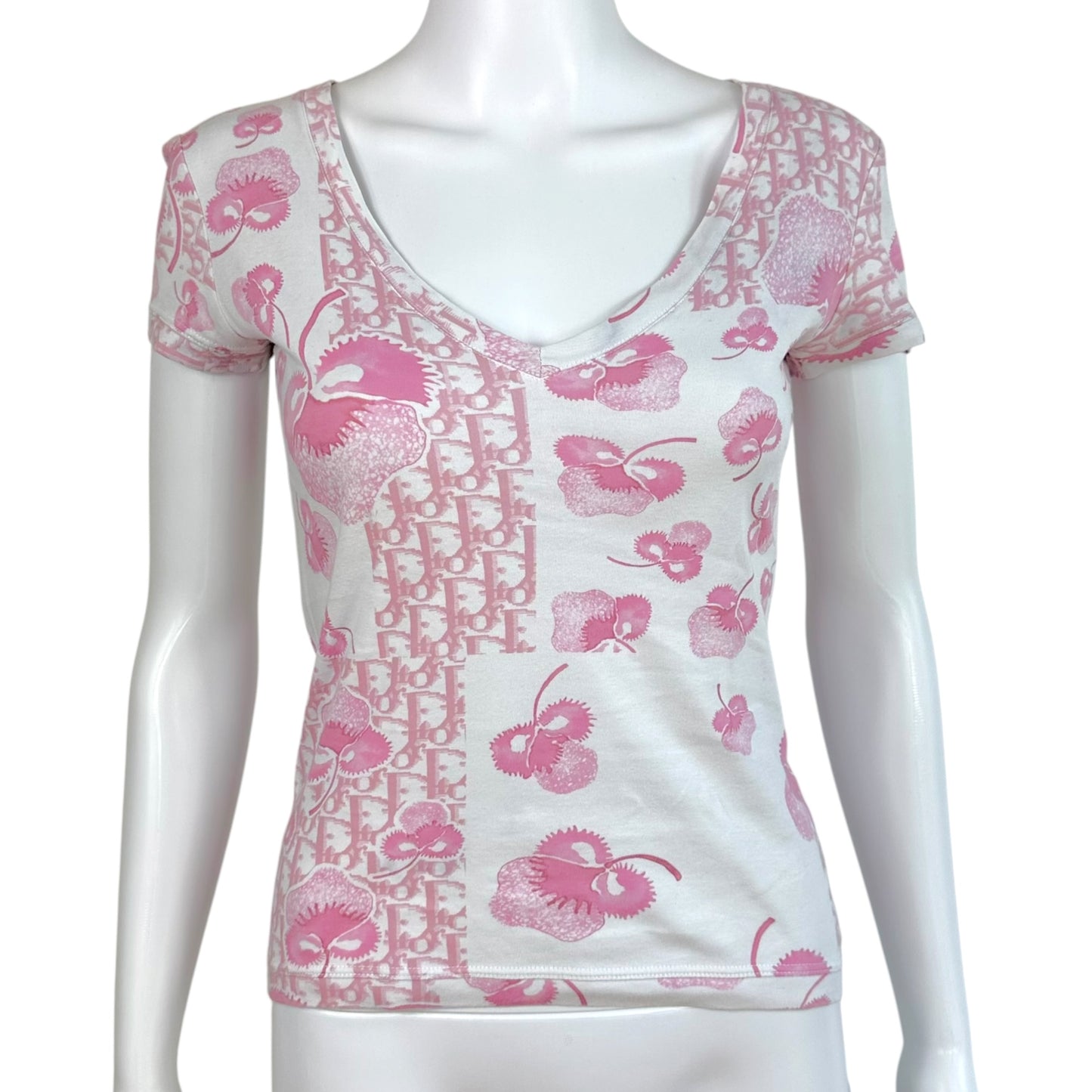 Christian Dior S/S 2005 Girly Dior Pink & White Floral Trotter Monogram V-Neck T-Shirt