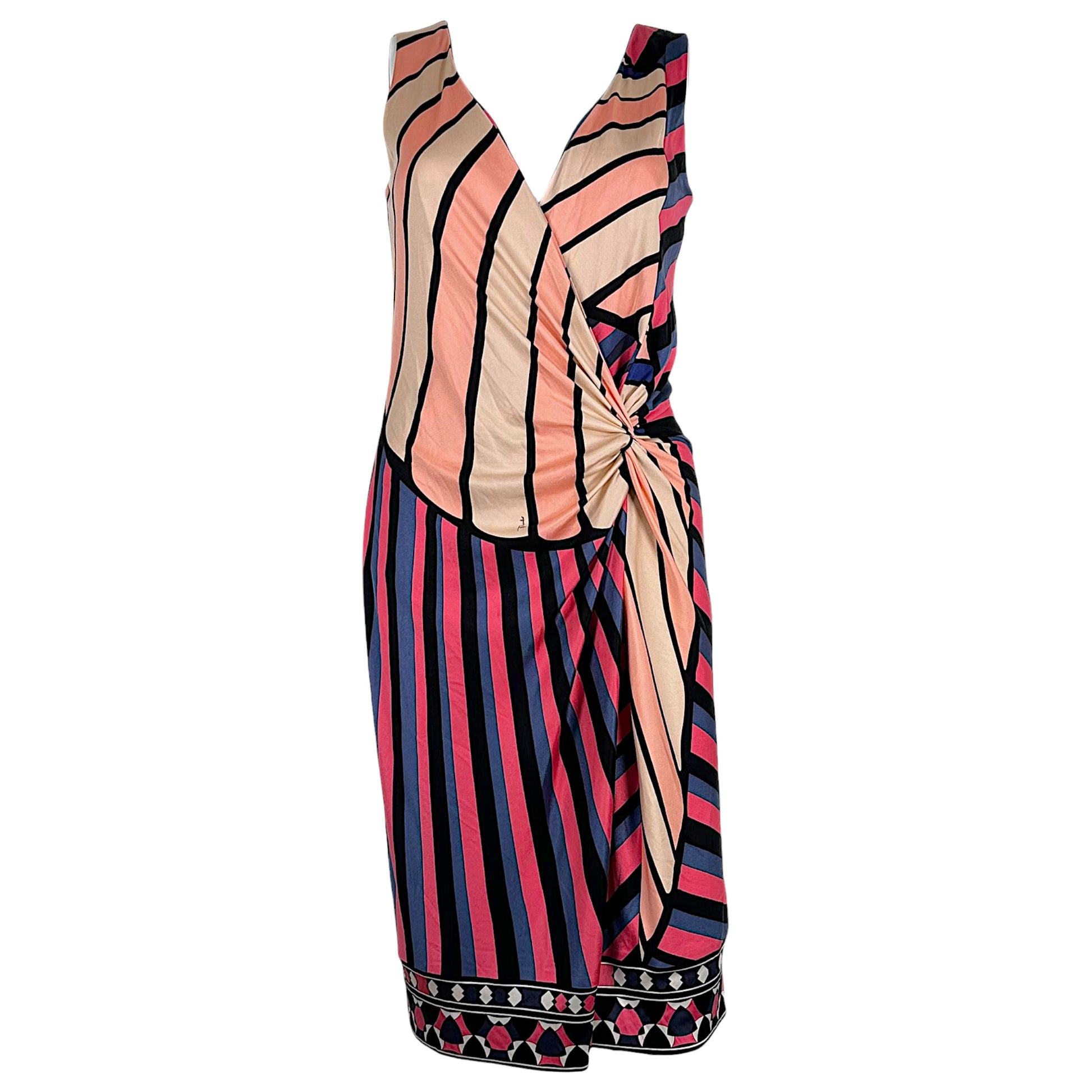Emilio Pucci Wrap Dress Pink Blue Striped Geometric Border