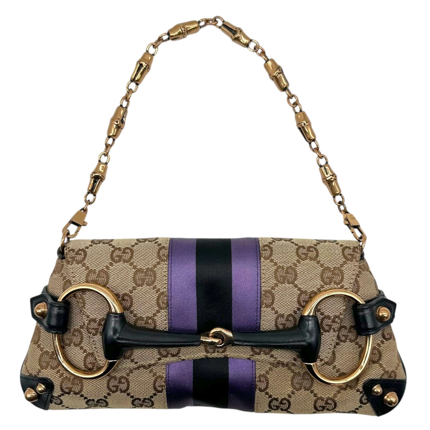 Gucci by Tom Ford 2004 Tan Monogram & Purple Silk Horsebit Bag RARE