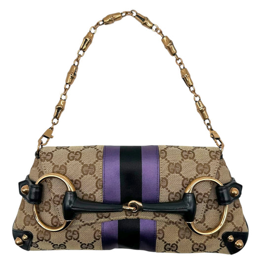 Gucci by Tom Ford 2004 Tan Monogram & Purple Silk Horsebit Bag RARE