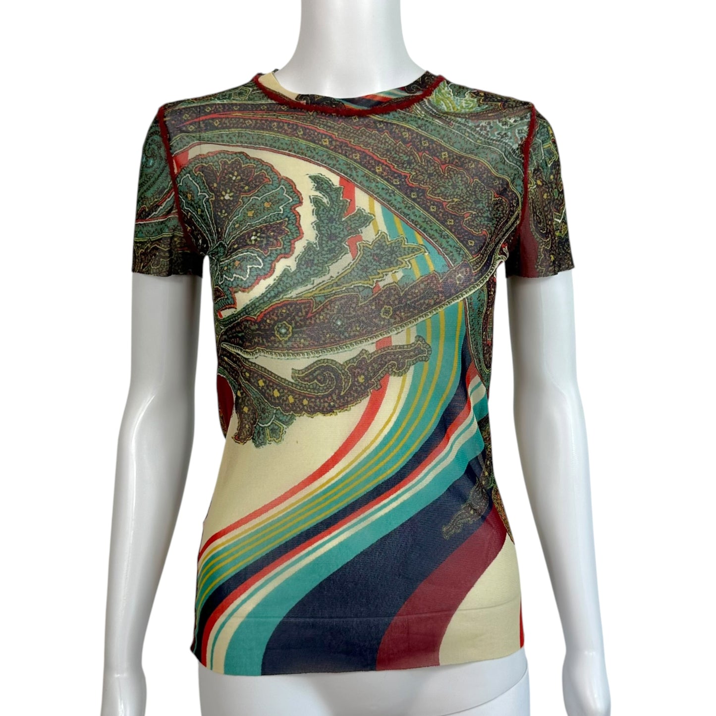 Jean Paul Gaultier Jewel-Toned Paisley Swirl Print Mesh T-Shirt