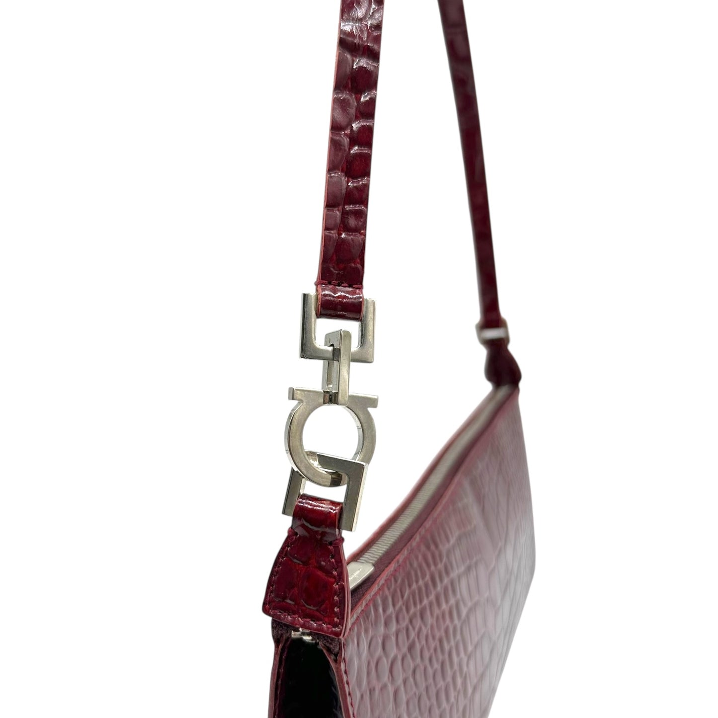 Salvatore Ferragamo Burgundy Croc Embossed Patent East-West Shoulder Bag