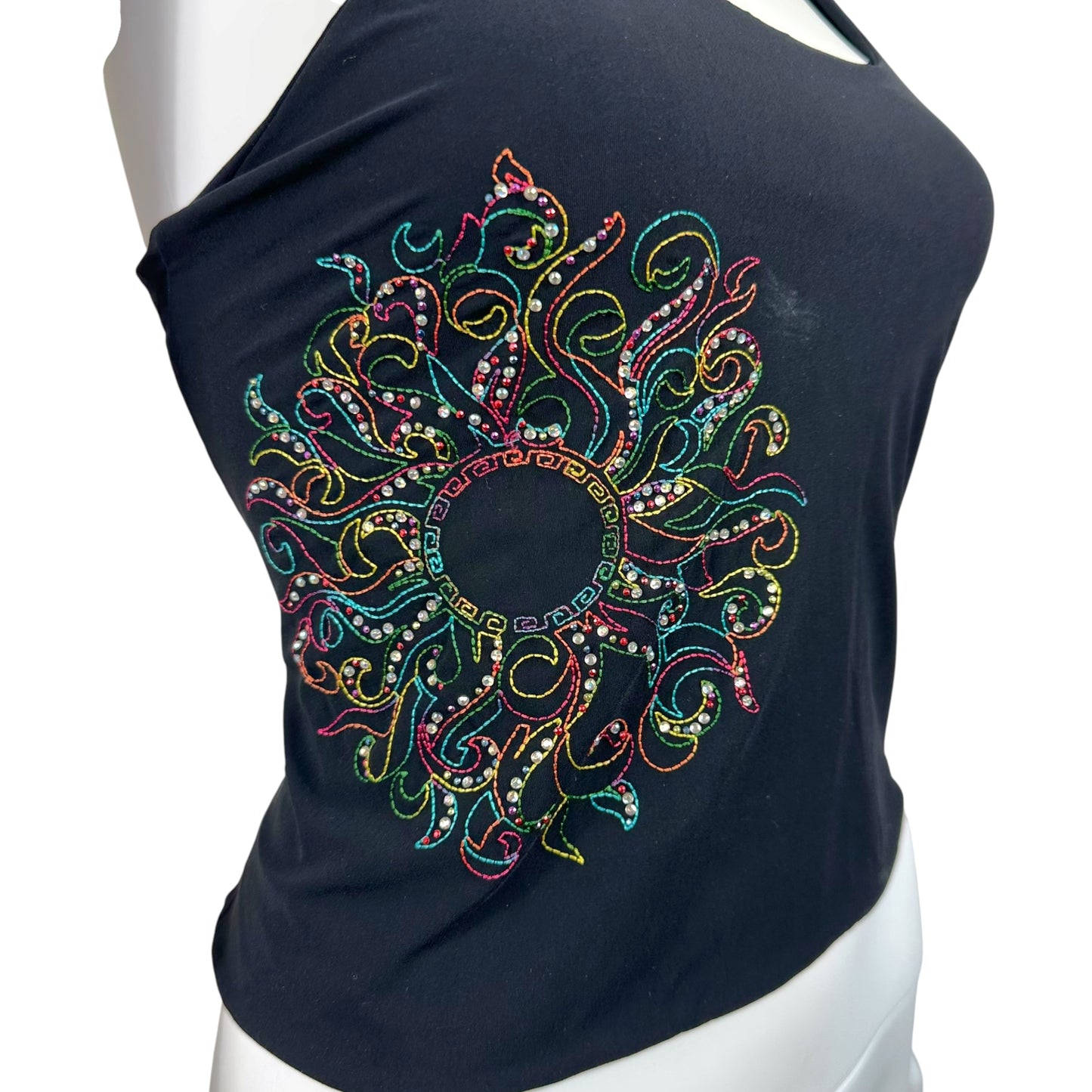 Versace Classic Black Rhinestone & Multicolor Embroidered Crop Tank