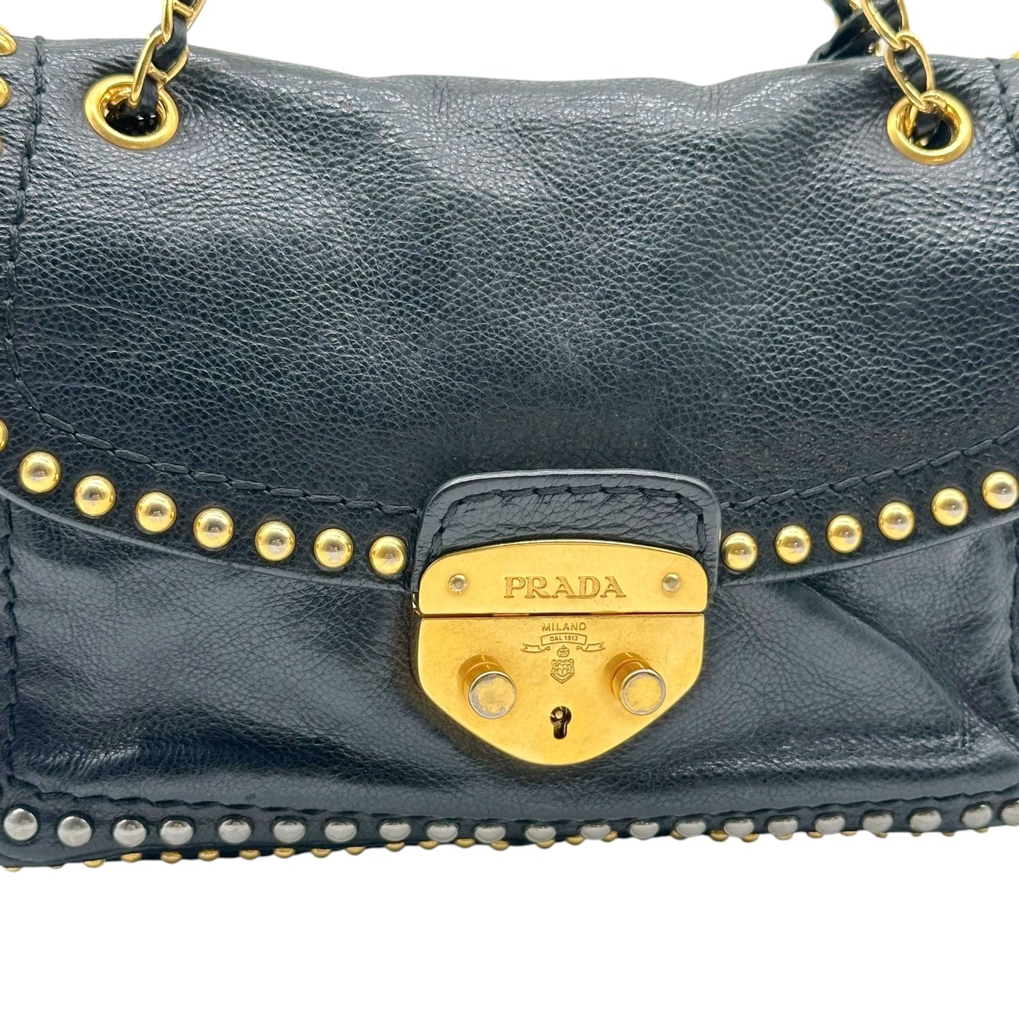 Prada Black Leather Studded Chain Strap Shoulder Bag