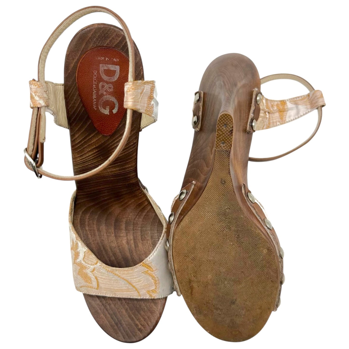 D&G Dolce & Gabbana Gold Damask & Wooden Wedge Sandals