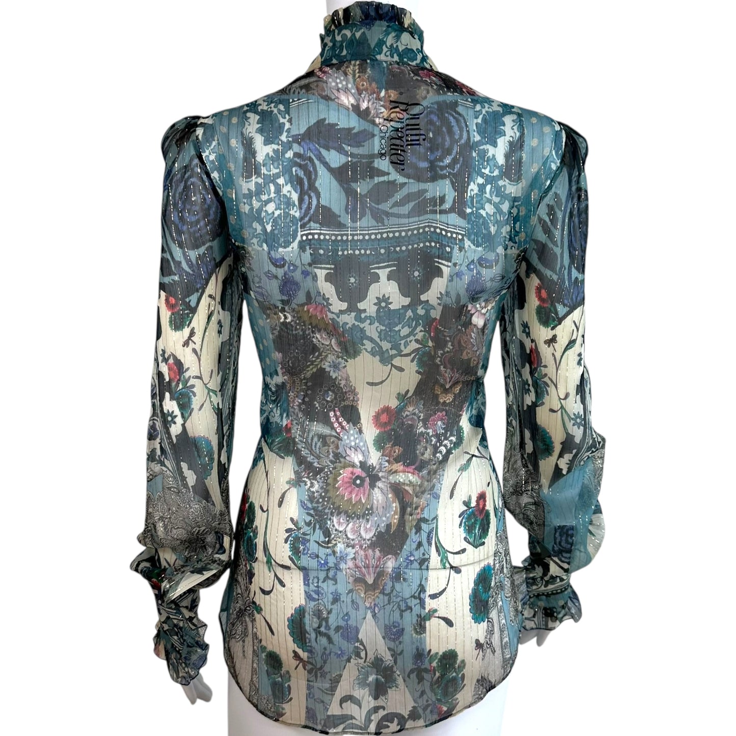 Roberto Cavalli Blue Floral Print Metallis Sheer Blouse
