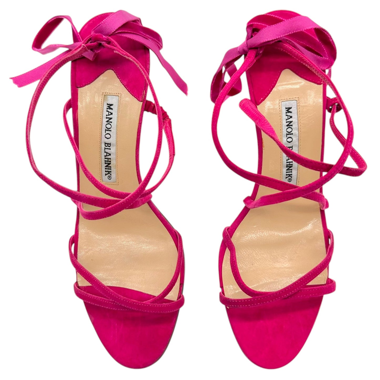 Manolo Blahnik Hot Pink Suede & Ribbon Wrap Sandal Heels - Outfit Repeater