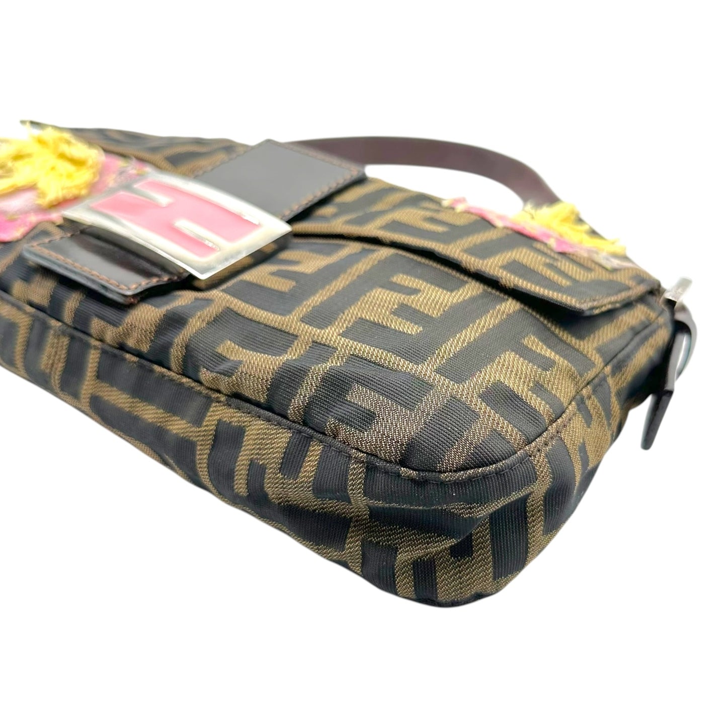 Fendi Baguette Bag Brown Monogram Pink Floral Applique