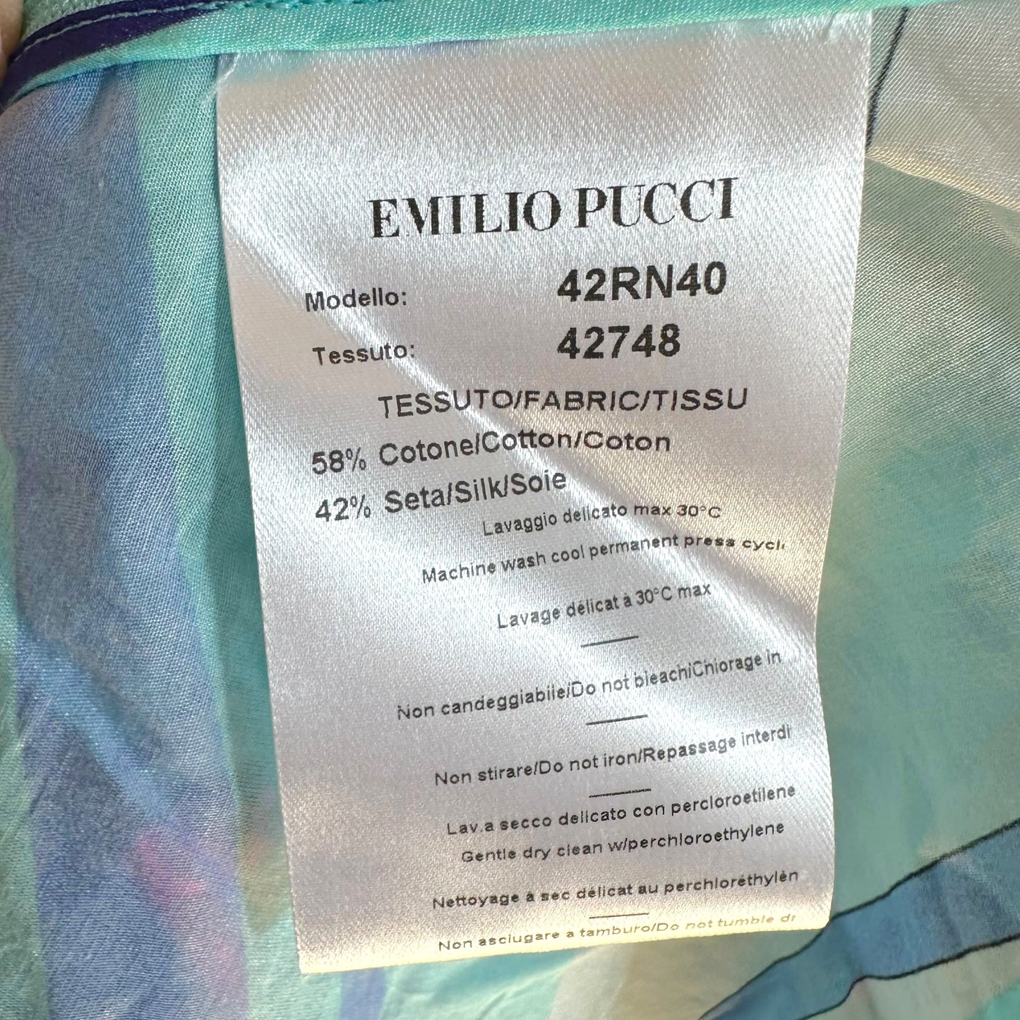 Emilio Pucci Blue & Green Silk Blend Semi-Sheer Blouse Top