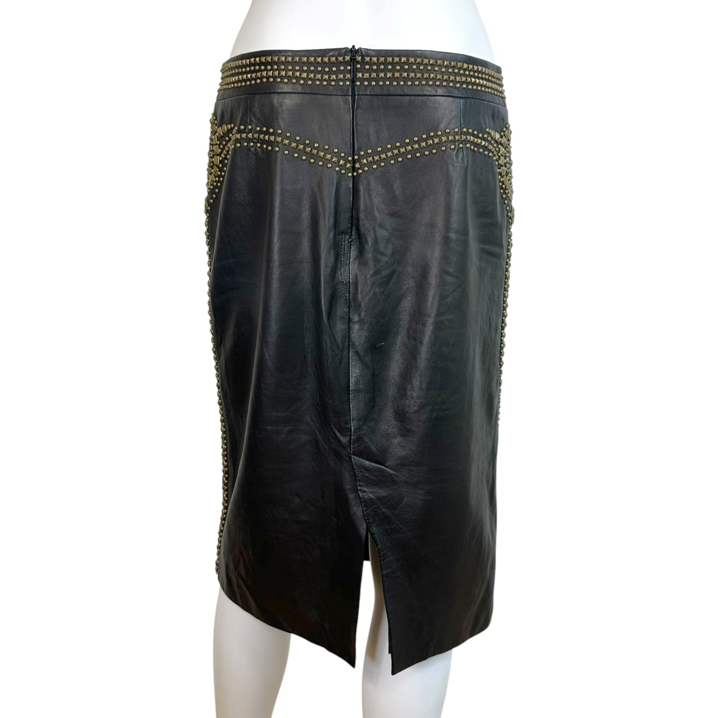 Roberto Cavalli F/W 2005 Black Leather & Gold Studded Midi Skirt
