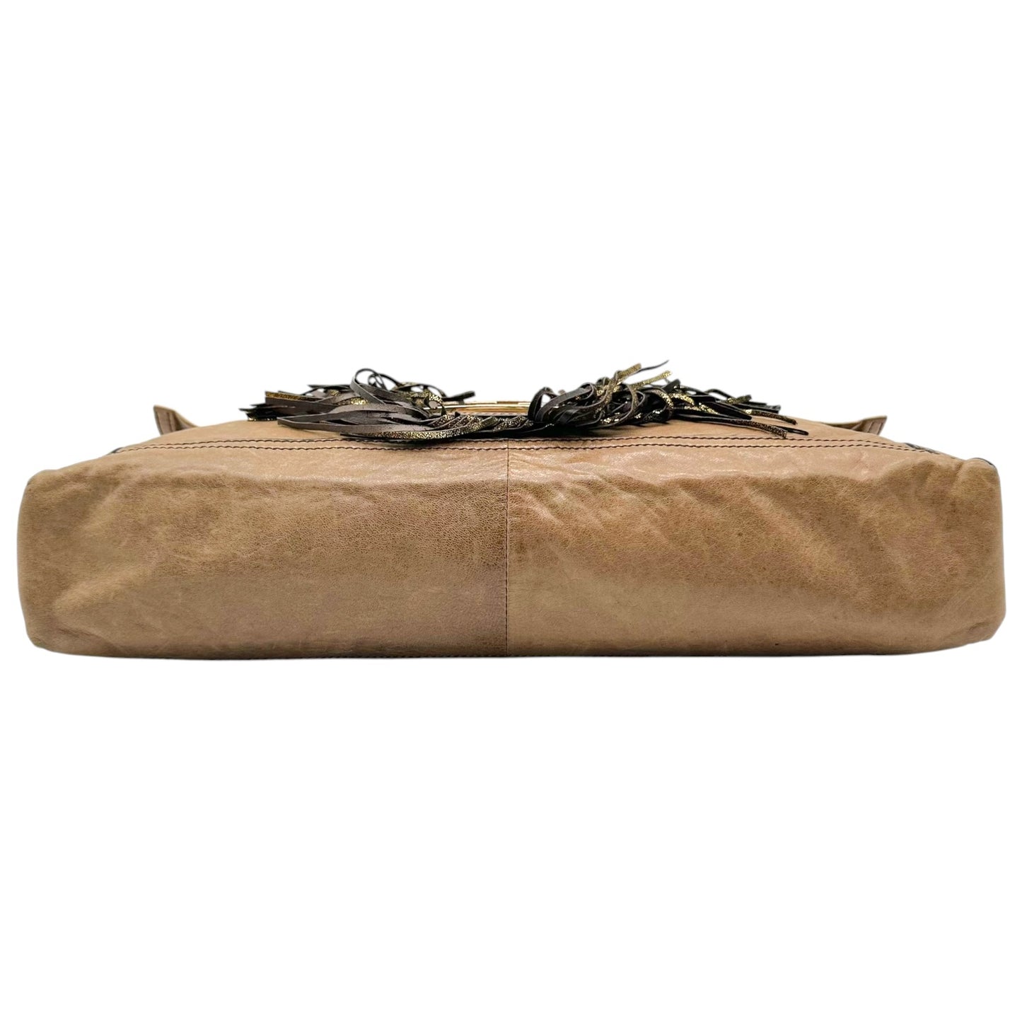 Fendi Tan Leather Fringe Trim XL 2-Way Baguette Bag