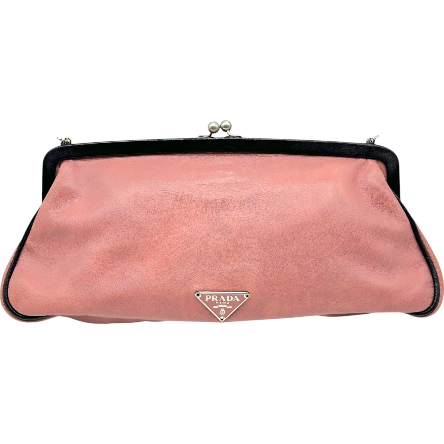 Prada Pink Black Floral Applique Clutch Bag
