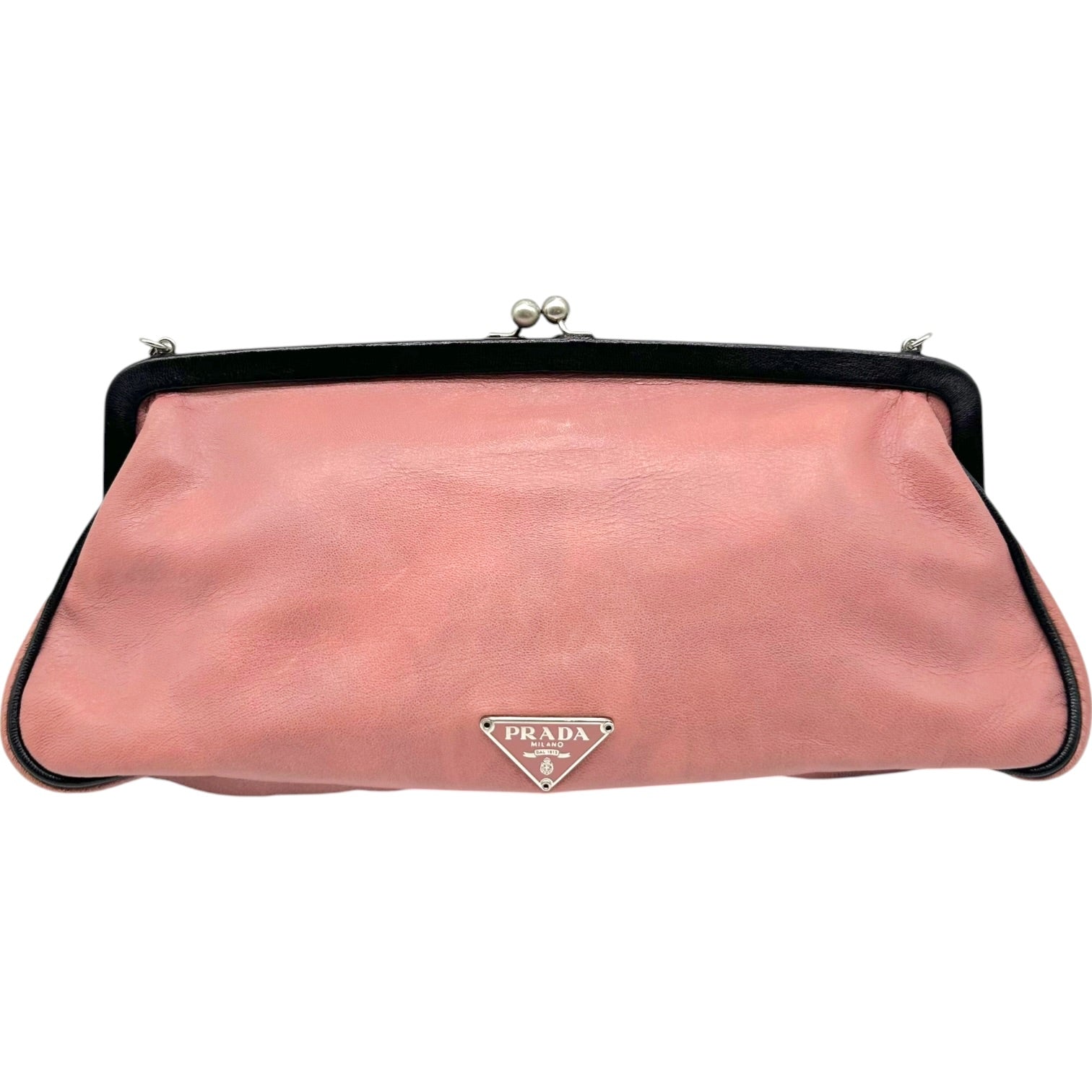 Prada Pink Black Floral Applique Clutch Bag