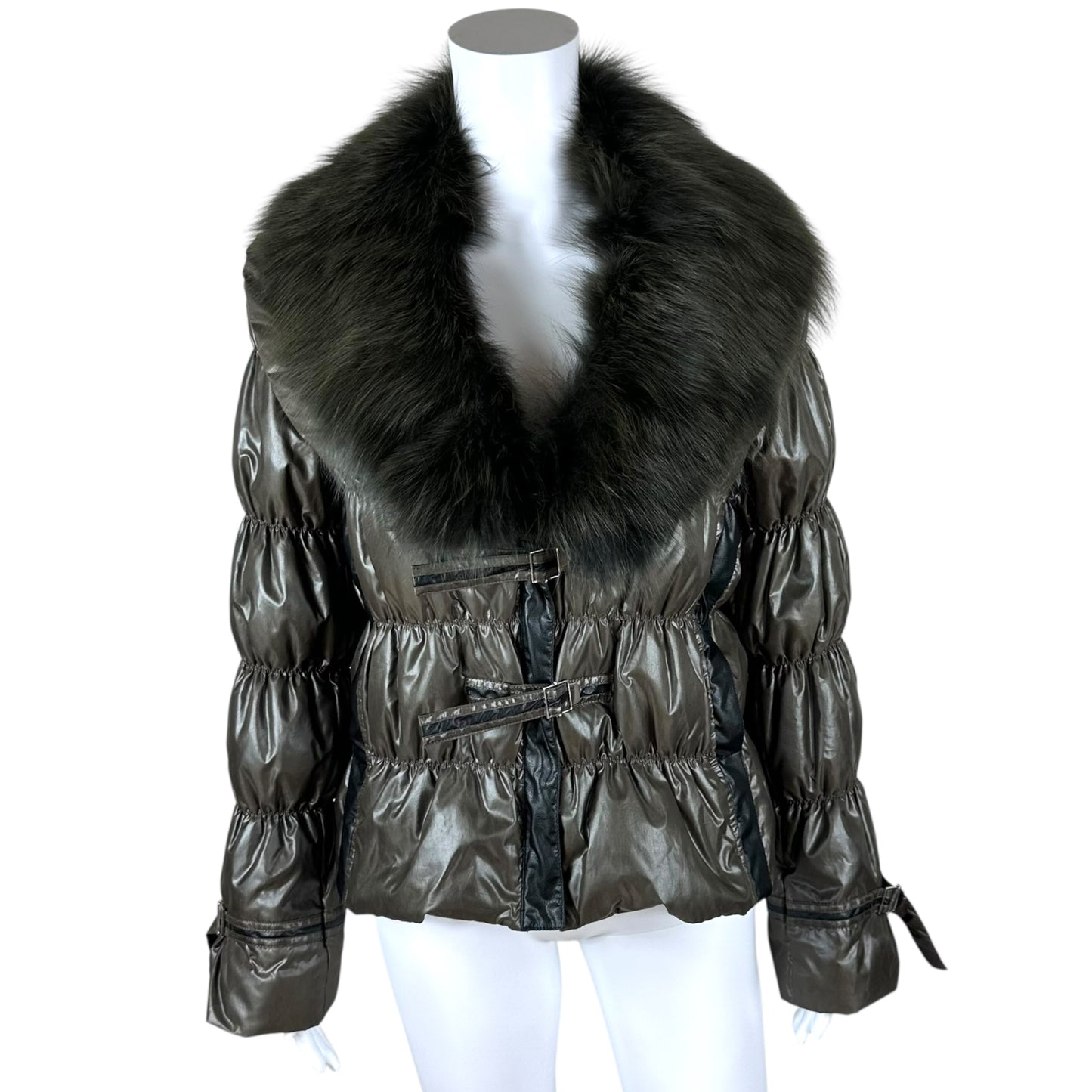 Balmain Khaki Green Fur Collared Puffer Coat