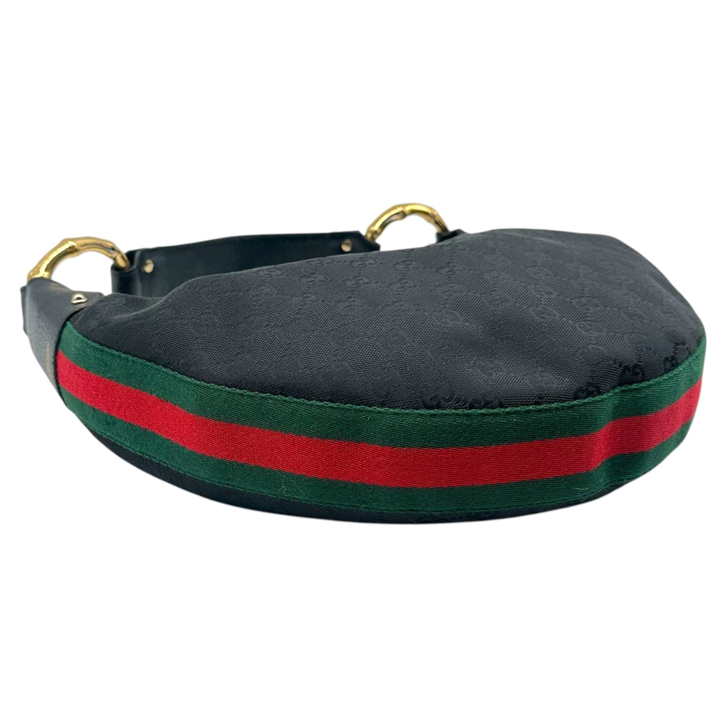 Gucci Black Monogram & Gold Bamboo Web Stripe Crescent Shoulder Bag