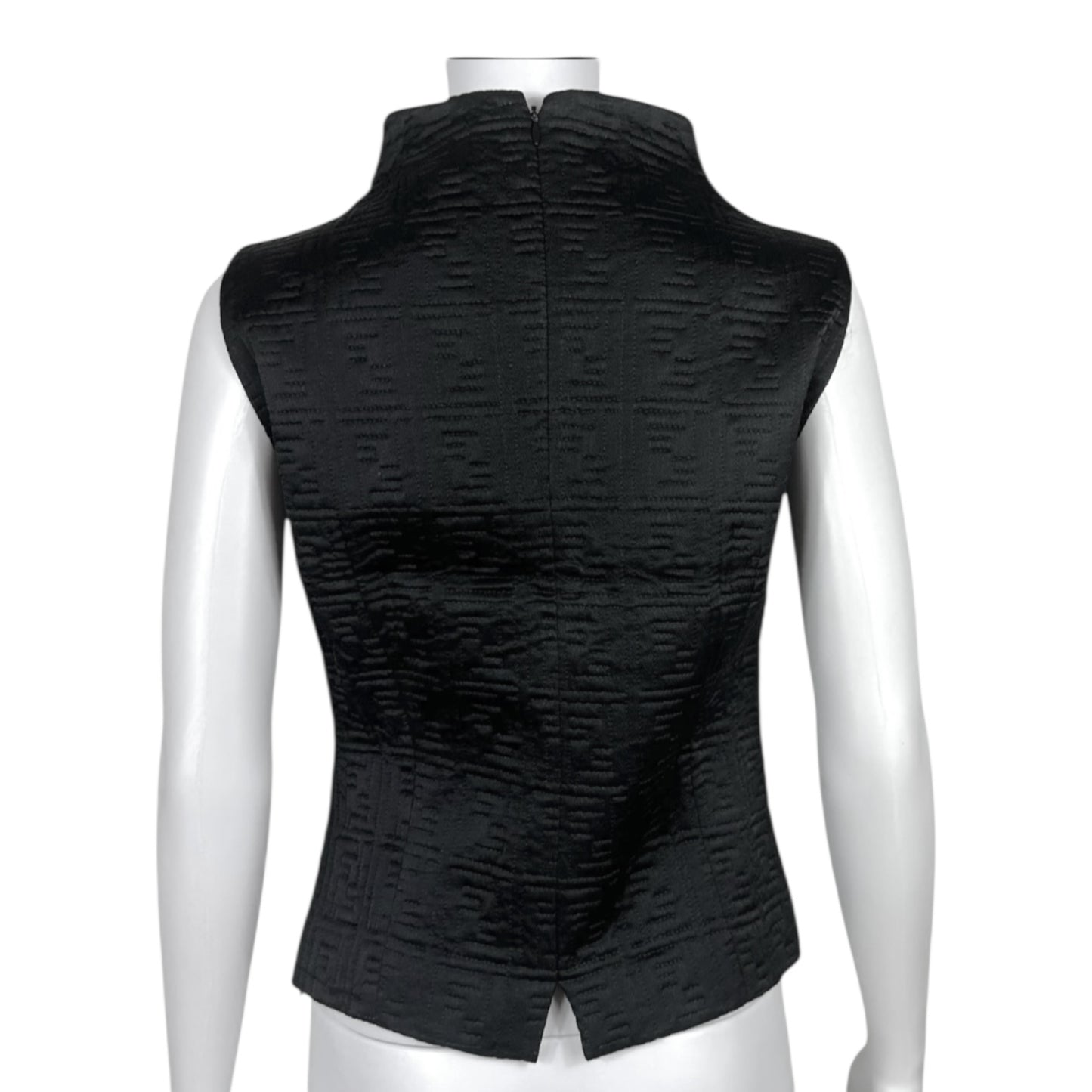 Fendi Black Zucchino Monogram Embroidered Silk Mock-Neck Top