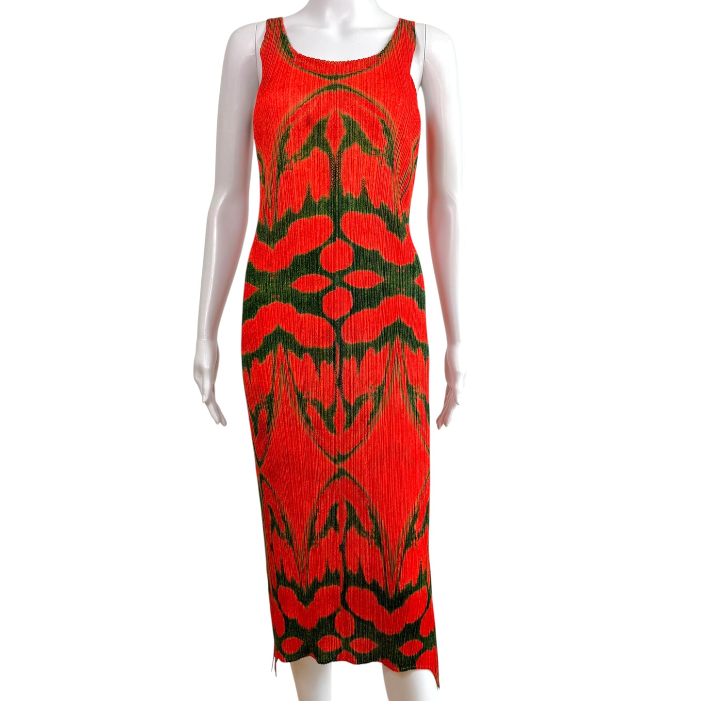 Issey Miyake Pleats Please Red & Green Patterned Pleated Maxi Dress Sz 3