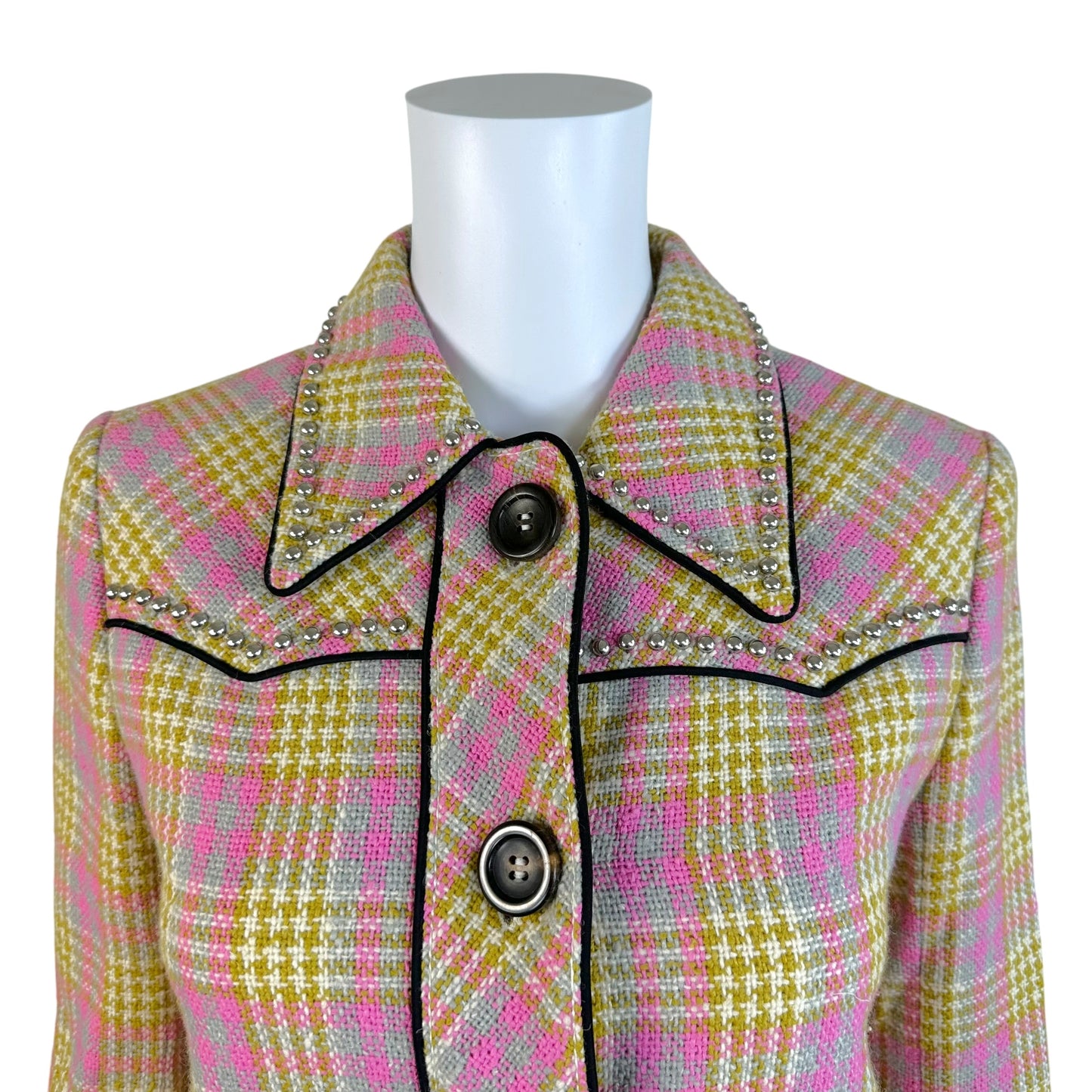 Miu Miu Pink Yellow Plaid Tweed Coat with Studs