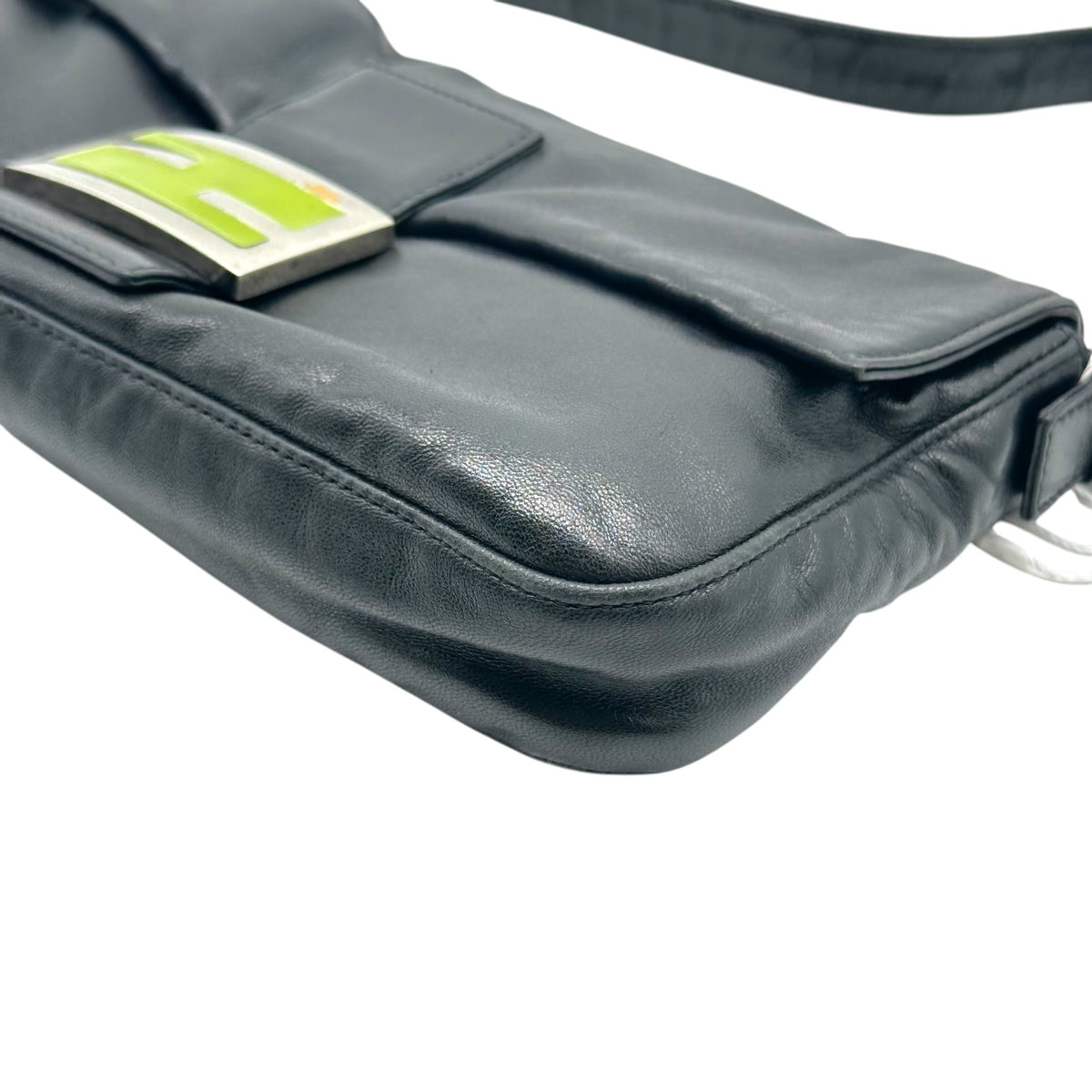 Fendi Black Lambskin Baguette Shoulder Bag with Green Buckle