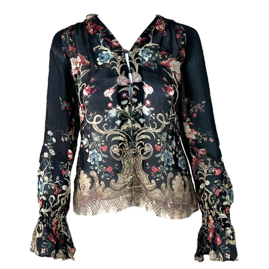 Roberto Cavalli 2006 Black Floral Print Ruffle Trim Silk Blouse