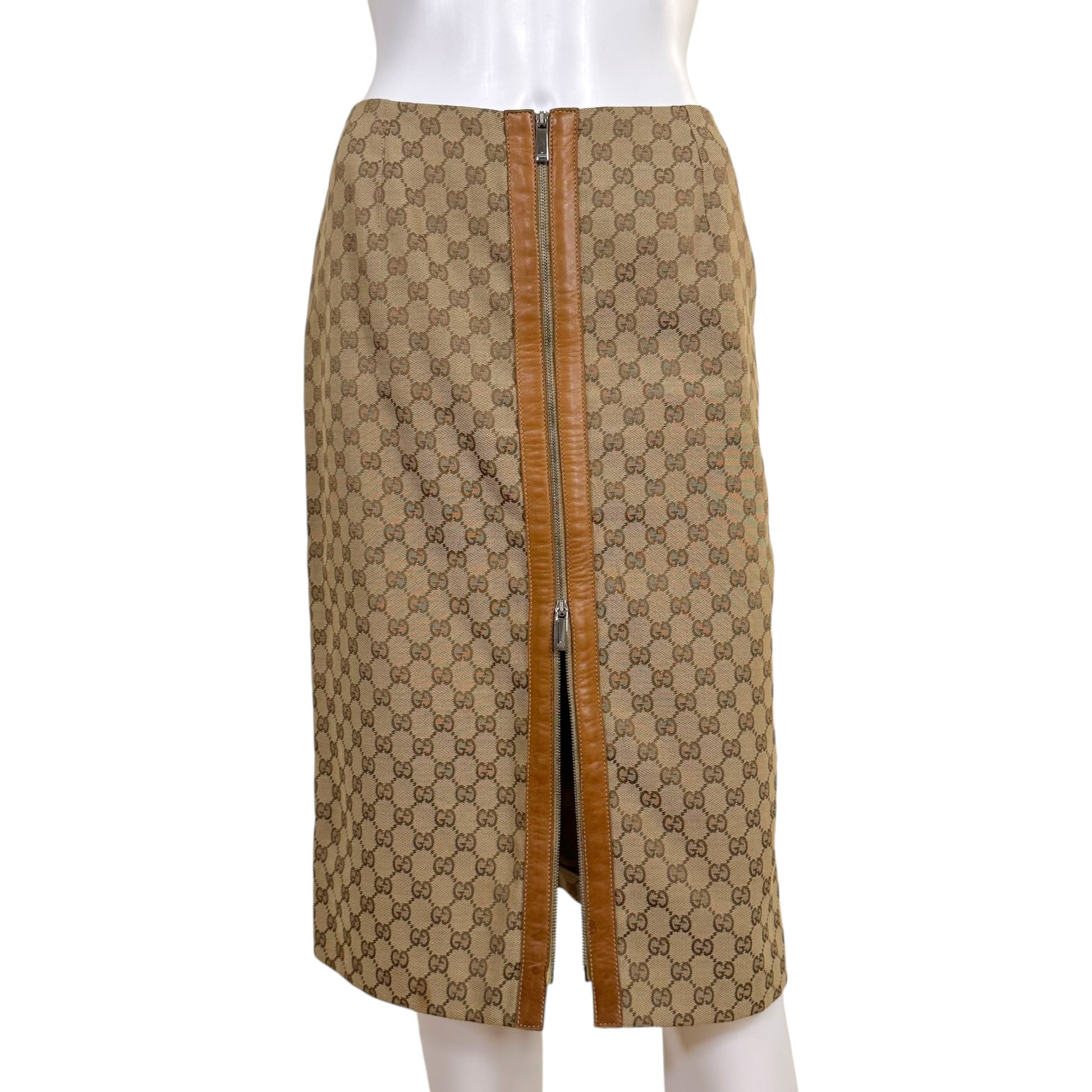 Gucci by Tom Ford 2000 Tan Monogram Canvas & Leather Zip-Up Midi Skirt - Outfit Repeater