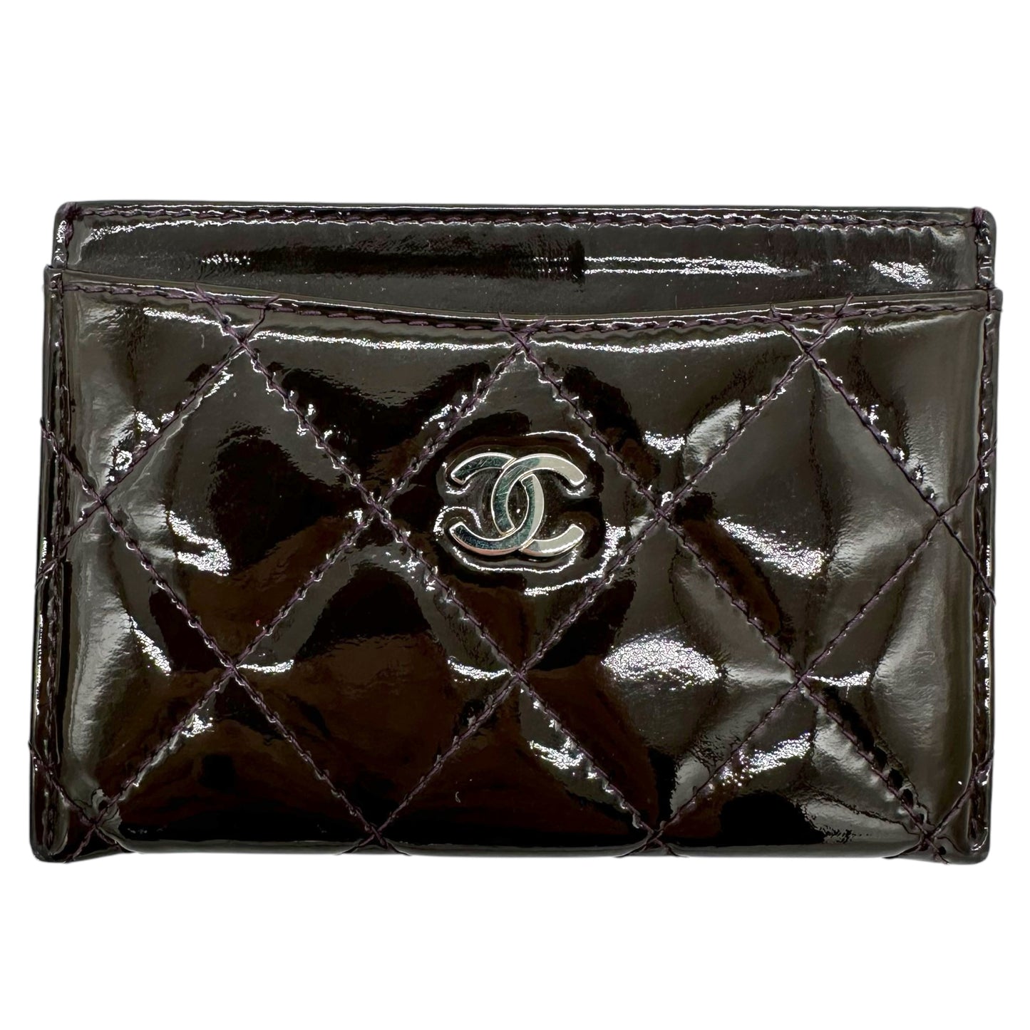 Chanel Dark Purple Patent Leather Quilted Card Holder