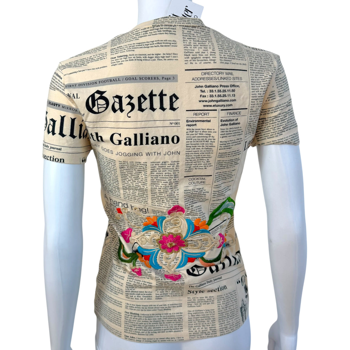 John Galliano S/S 2006 Gazette Newsprint & Multicolor Floral Embroidered T-Shirt