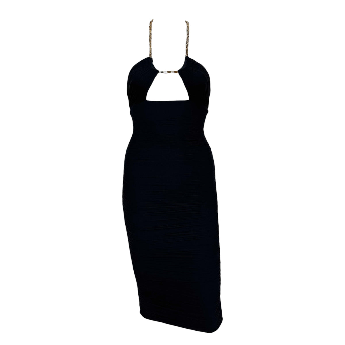 Dsquared2 Black Ruched Halter Mini Dress with Gold Chain