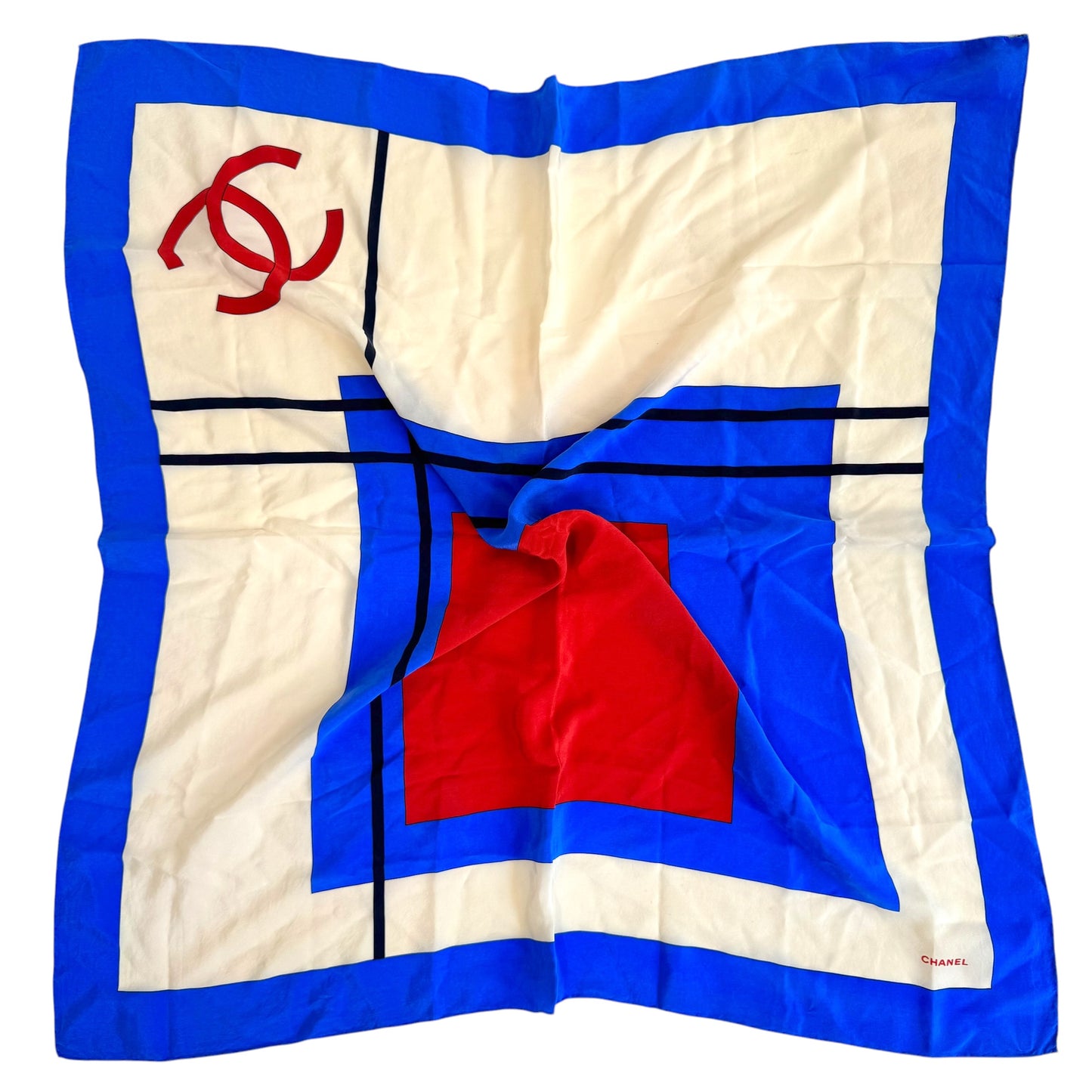 Chanel Blue Red & White Geometric CC Logo Silk Square Scarf