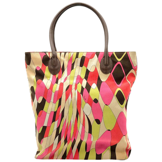 Emilio Pucci Pink Orange & Brown Printed Large Canvas Tote Bag