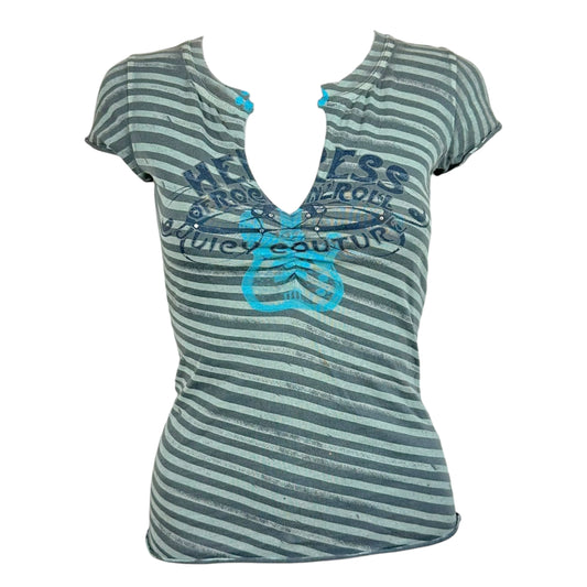 Juicy Couture Gray & Blue 'Heiress of Rock-n-Roll' Striped V-Neck T-Shirt