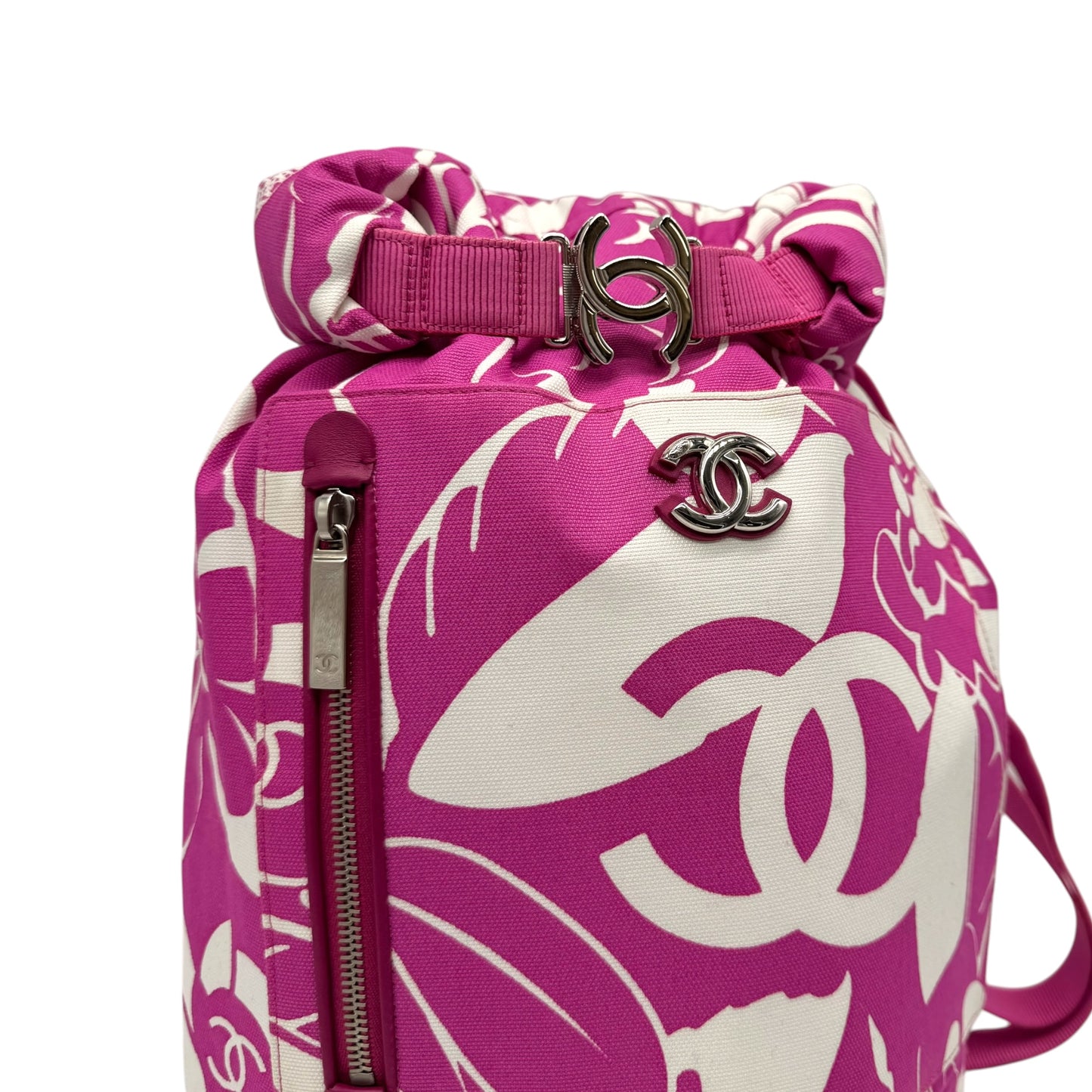 Chanel One Shoulder Floral Print Backpack Pink White