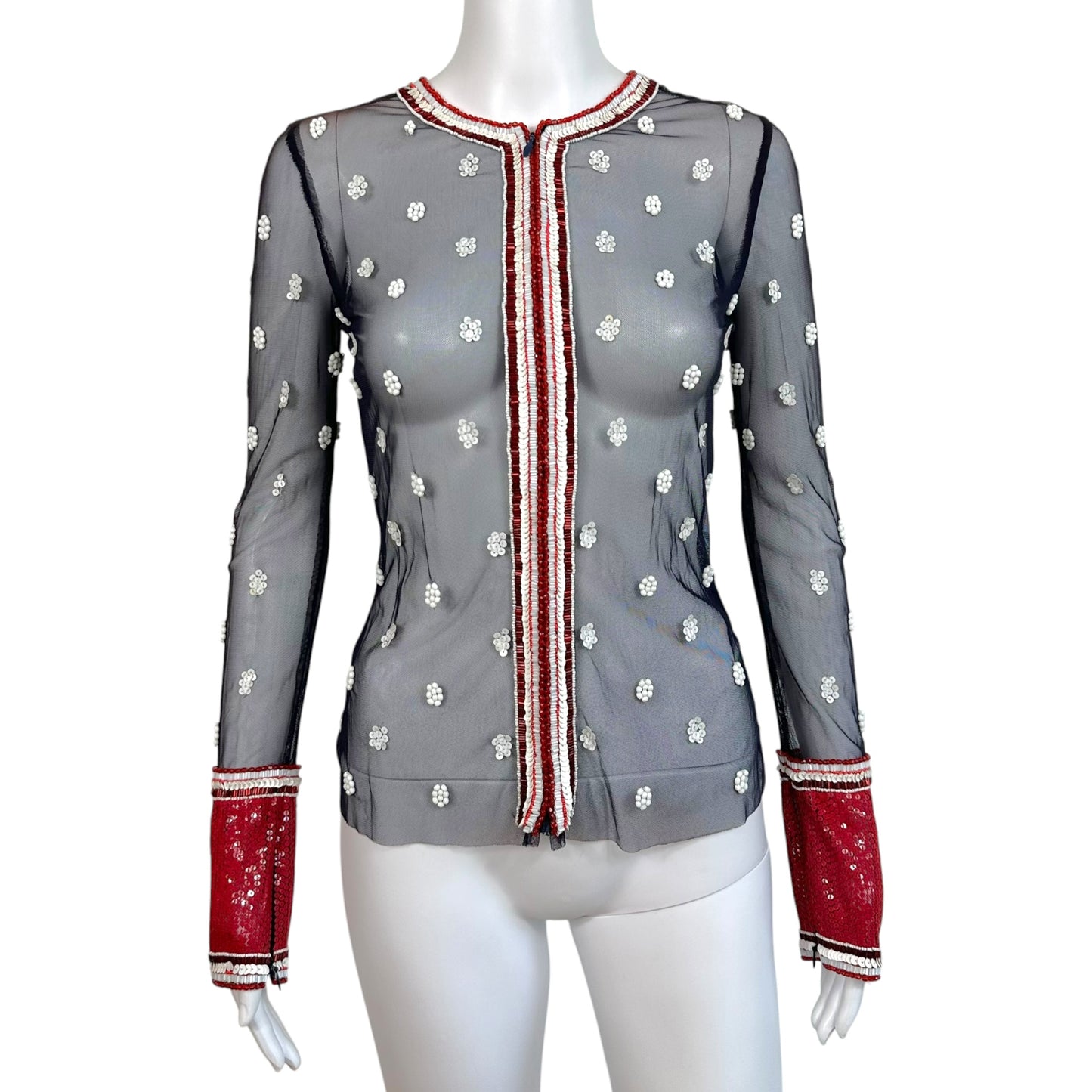 Gianfranco Ferre Red & White Sequin Beaded Navy Mesh Cardigan NEW