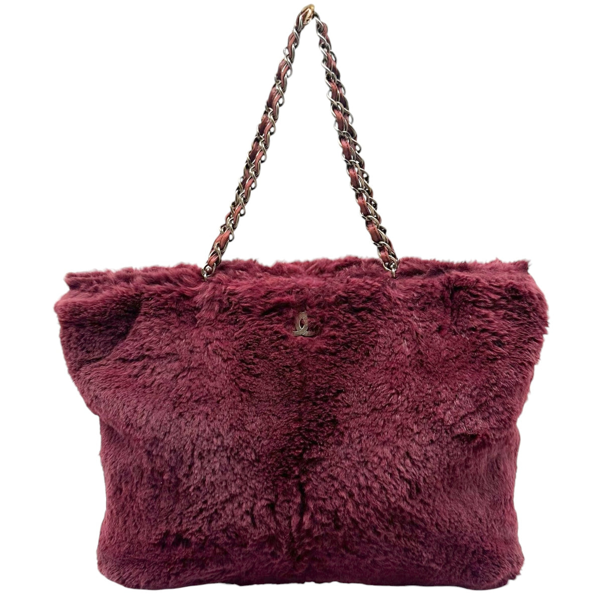 Chanel Burgundy Rabbit Fur Chain Strap Medium Shoulder Tote Bag 2000-03