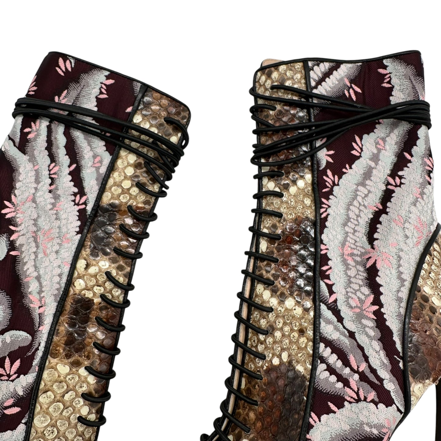 Giambattista Valli Snakeskin & Floral Lace Up Peep Toe Boots