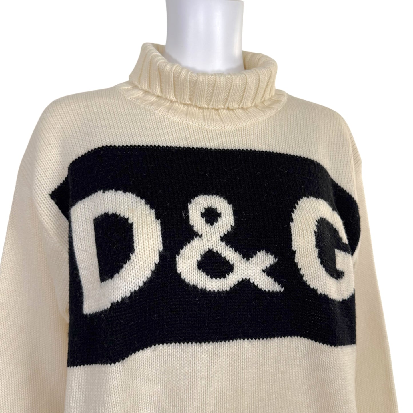 D&G Dolce & Gabbana 90's Black & White Wool Knit Logo Turtleneck Sweater - Outfit Repeater