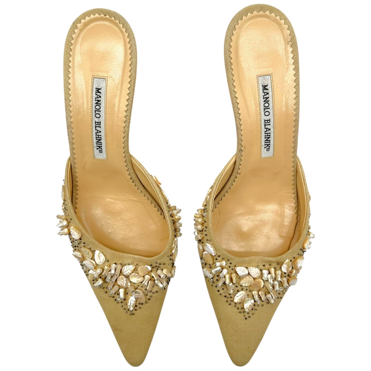 Manolo Blahnik Beige & Mother of Pearl Beaded Kitten Heel Mules