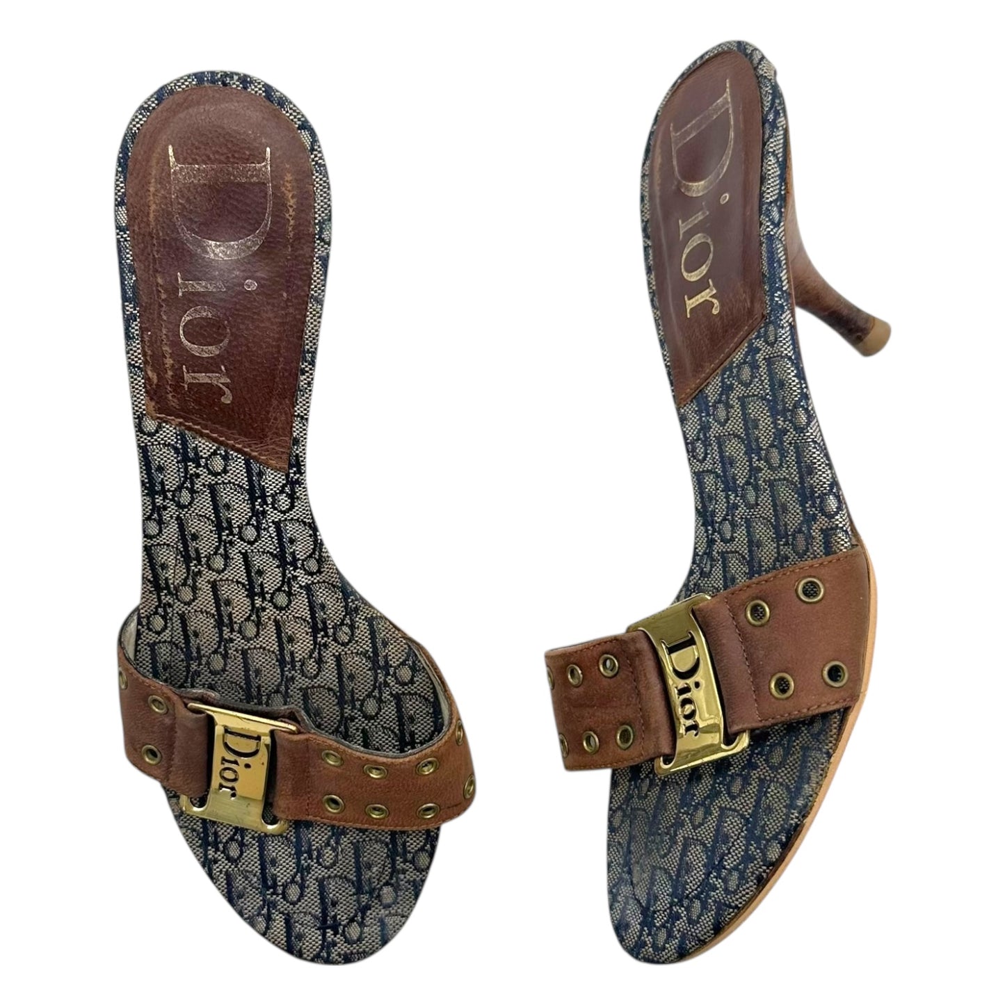 Christian Dior Street Chic Brown & Blue Logo Kitten Heel Mules