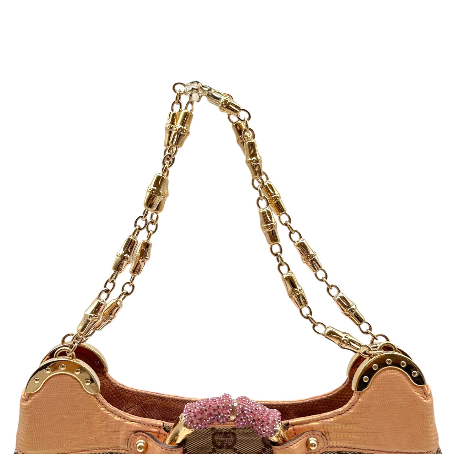 Gucci by Tom Ford S/S 2004 Tan Monogram & Pink Lizard Skin Crystal Bamboo Shoulder Bag