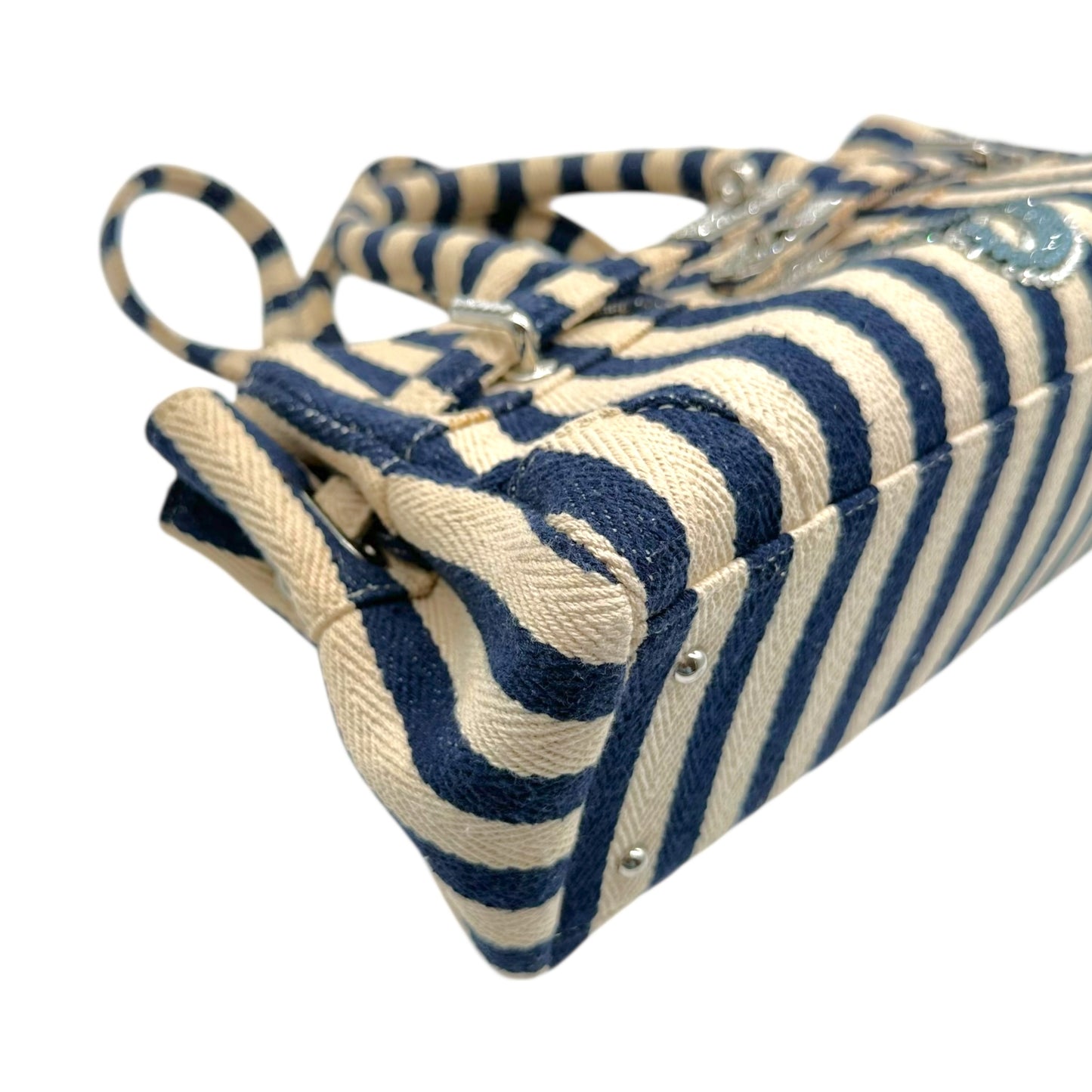 Tsuru Navy Ivory Striped Rhinestone Firkin Bag