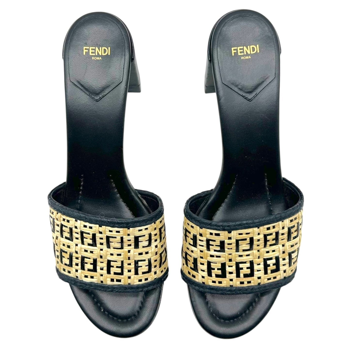 Fendi Raffia Monogram Block Heel Mule Sandals