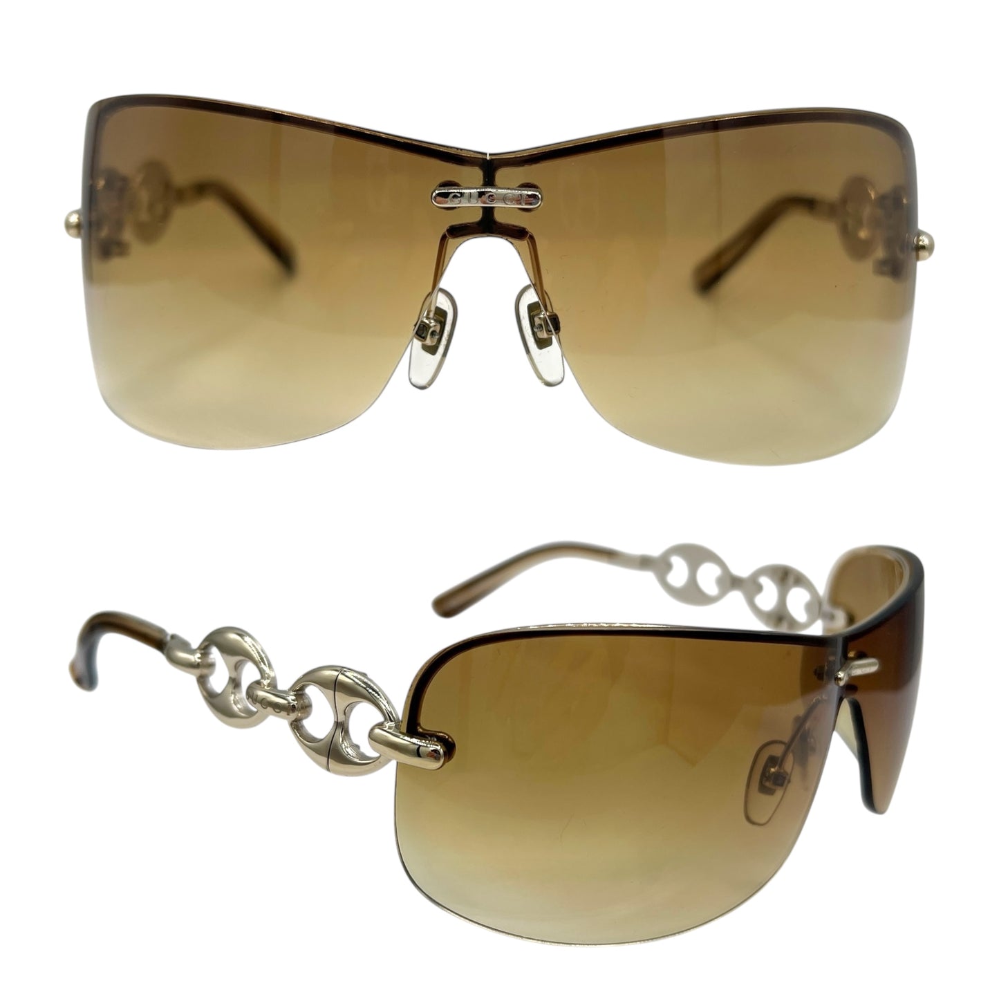 Gucci Brown Gradient & Silver Link Arm Rimless Shield Sunglasses GG2772 w/ Case & Box