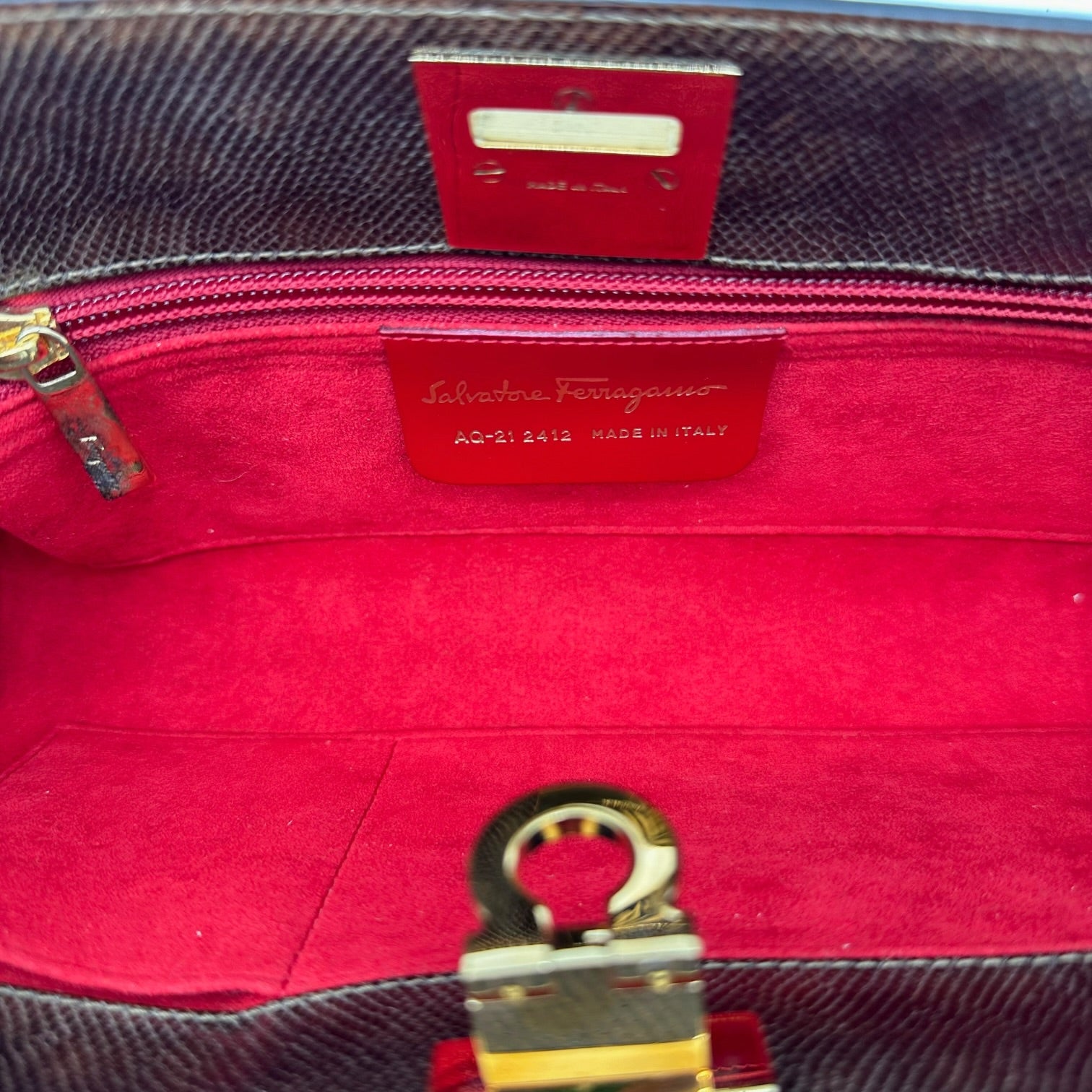 Ferragamo Brown Gold Lizard Skin 2-Way Clutch Bag