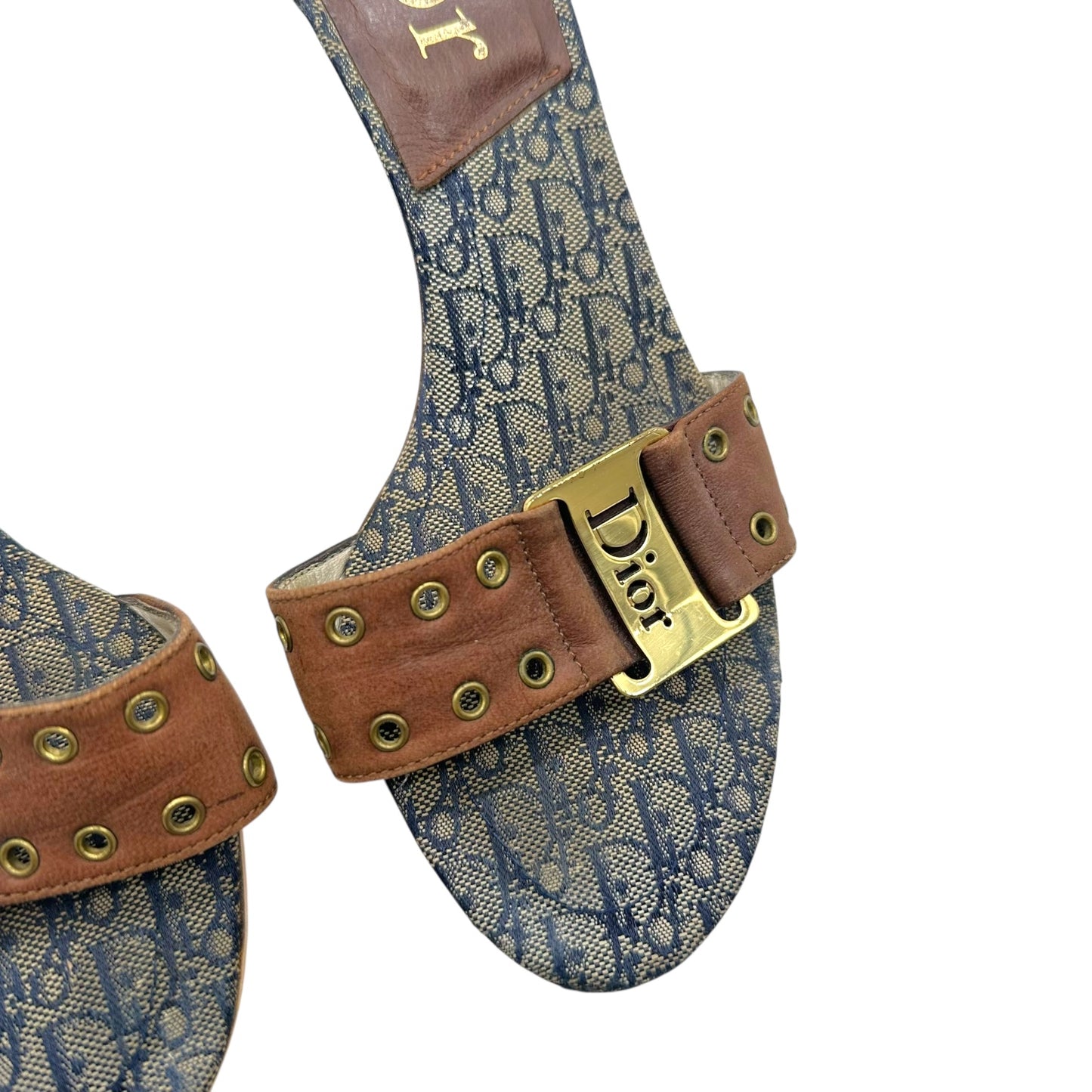 Christian Dior Street Chic Brown & Blue Logo Kitten Heel Mules